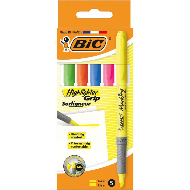 Surligneur Highlighter Grip Bic couleurs assorties - Pochette de 5