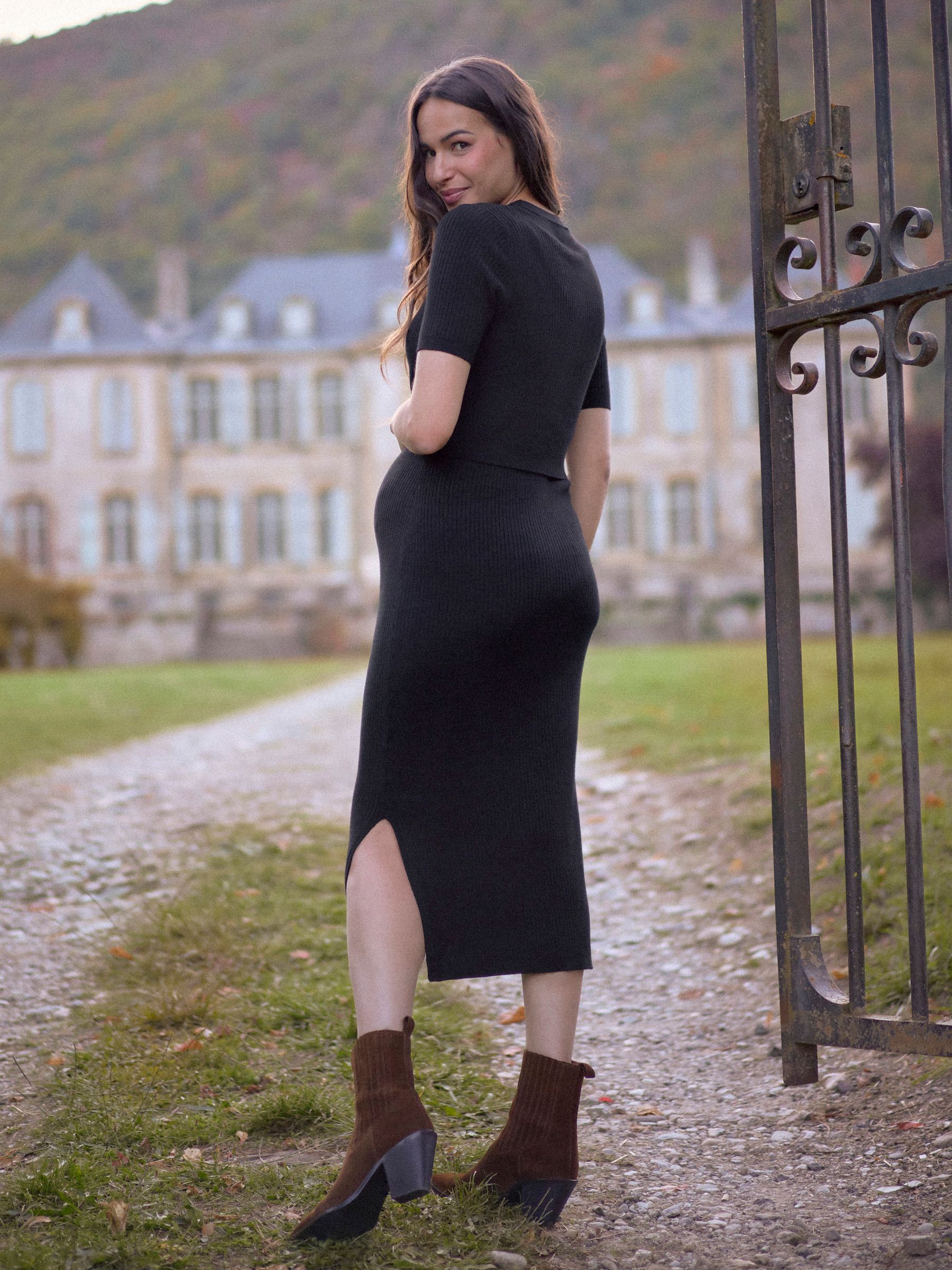 Zwart - Seraphine Ribbed Maternity And Nursing Midi Dress