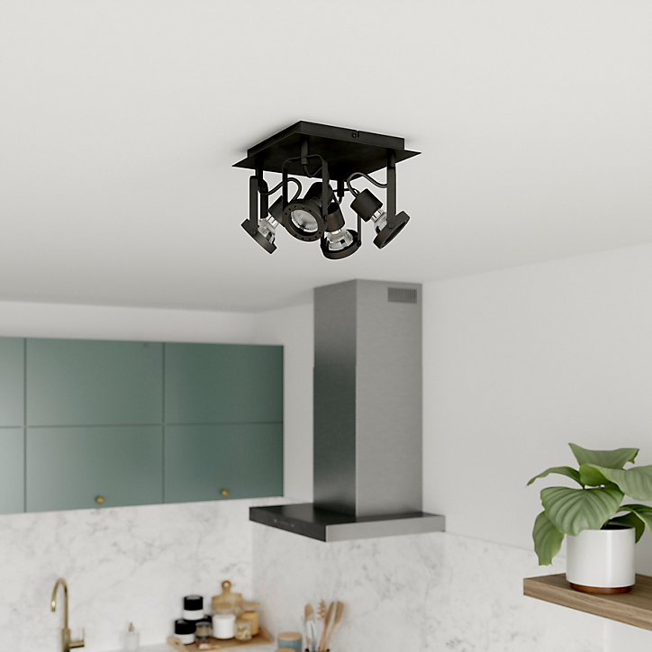 Plafonnier spot 4 lumières GU10 5W GoodHome Chaman noir mat L.23 x L.23 x H.17 cm