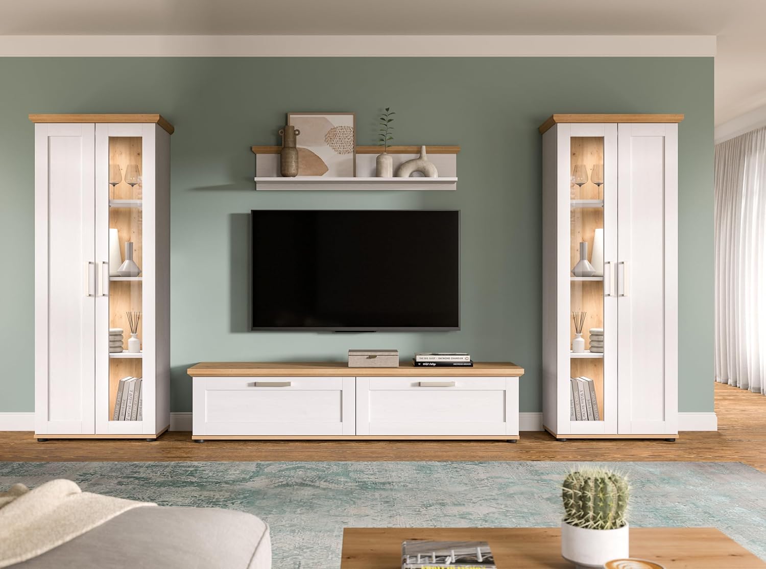 xonox.home Wohnzimmer Verona 4tlg. Set Wohnkombination Wohnwand Wohnzimmermöbel Wohnzimmerschrank Möbelkombination Wohnzimmerset in Sibiu Lärche Nb. Absetzung Artisan Eiche Nb.