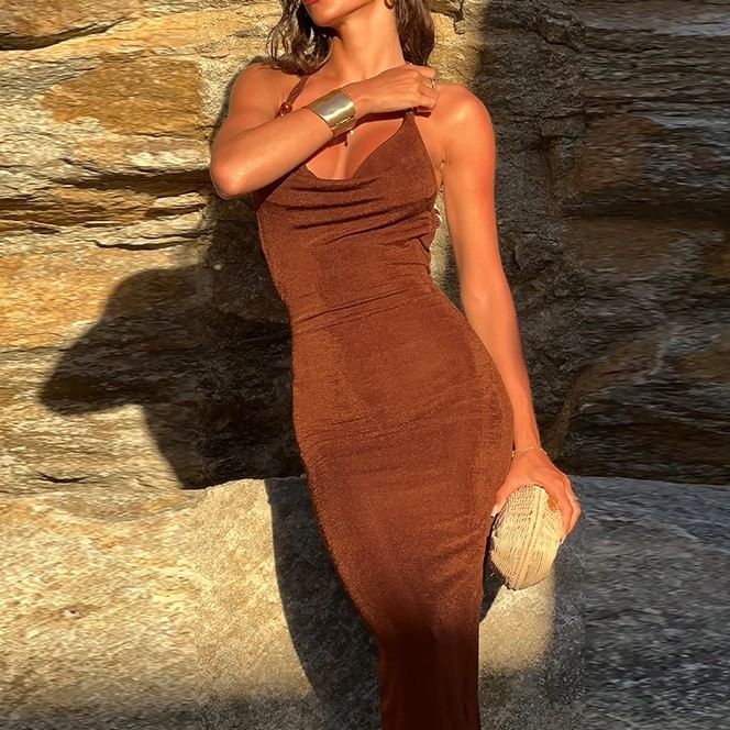 Alizio - Effen maxi-schede-jurk met halter en col