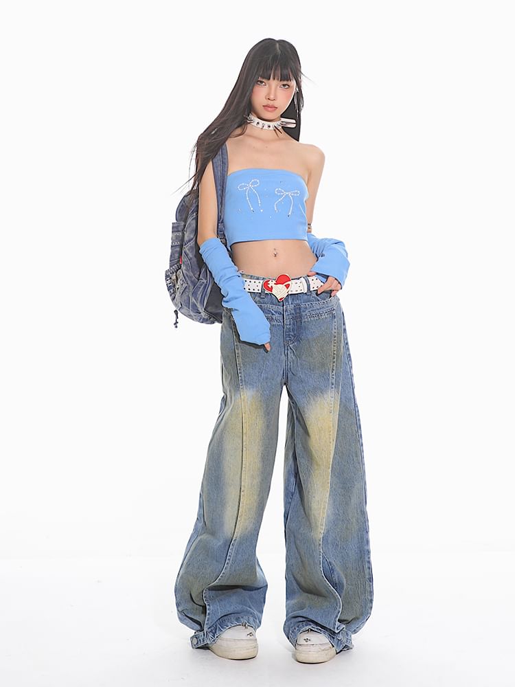 AXEN - Lage taille gewassen wijde jeans
