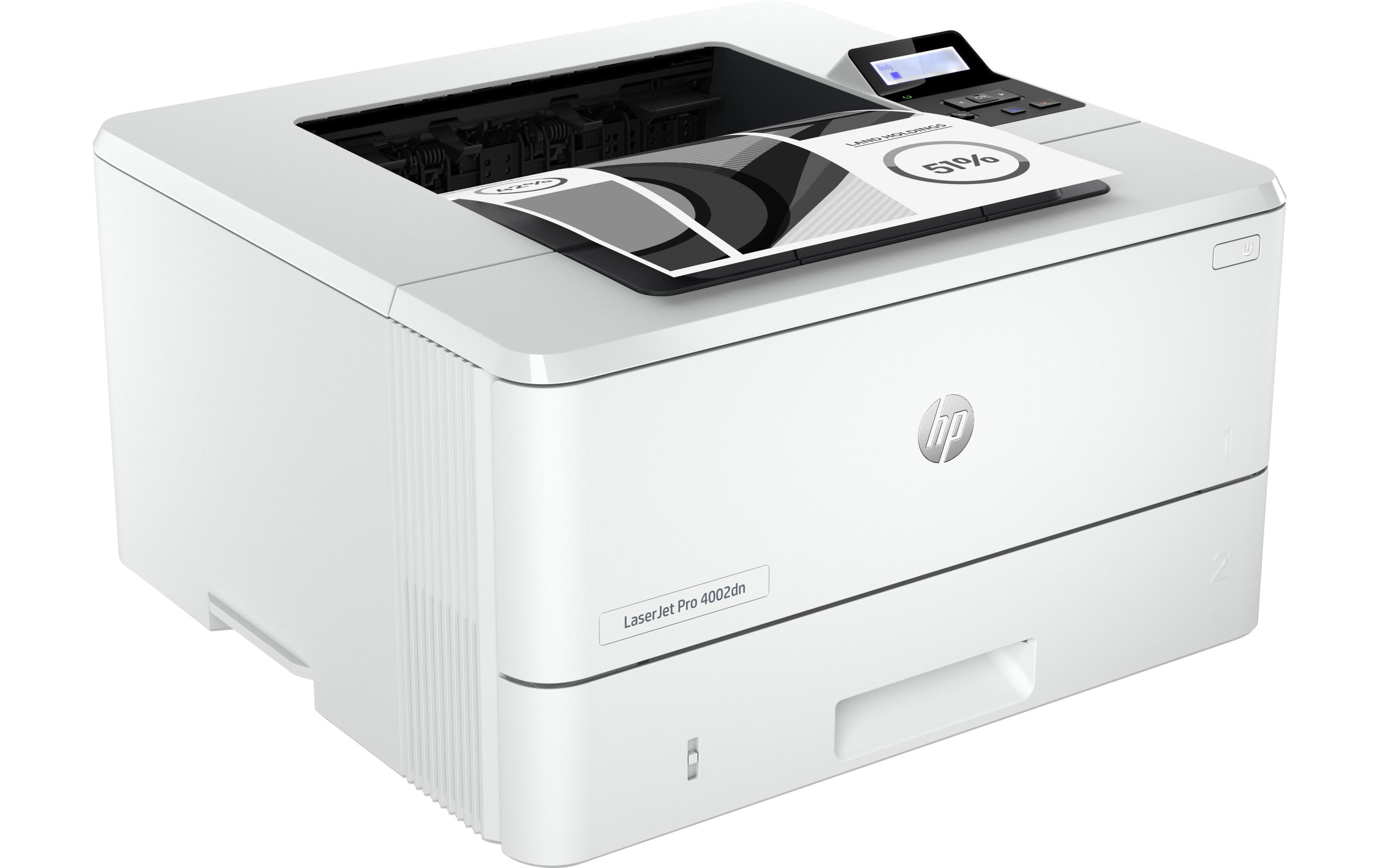 Drucker LaserJet Pro 4002dn<br>Laserdrucker mit schneller Aufwärmphase, zwei Papierfächern (Mehrzweckfach + Standardpapierfach) und Netzwerkanschluss