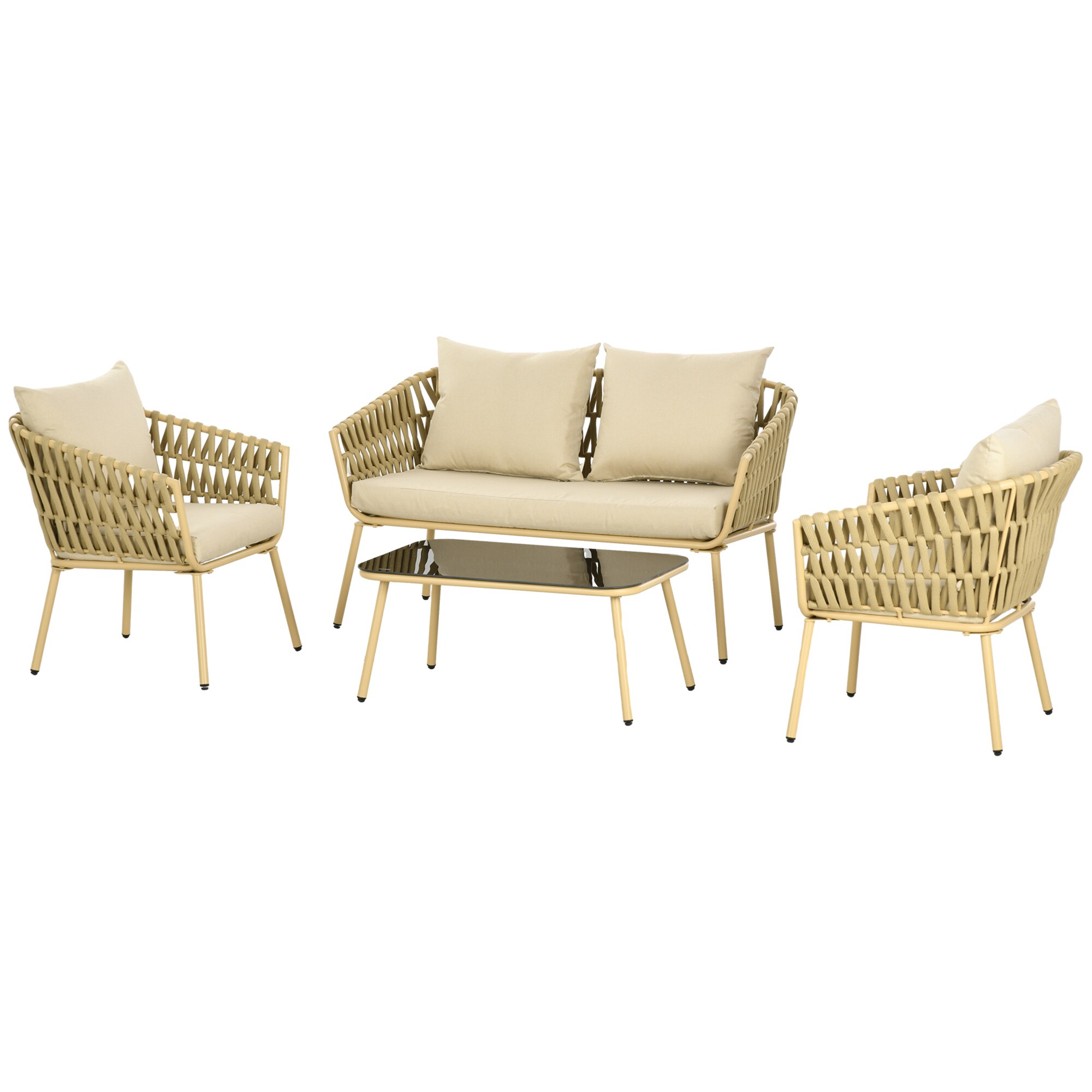 Outsunny Gartenmöbel-Set mit 2er Bank, 2 Stühlen und Polsterkissen braun 130L x 66B x 72H cm