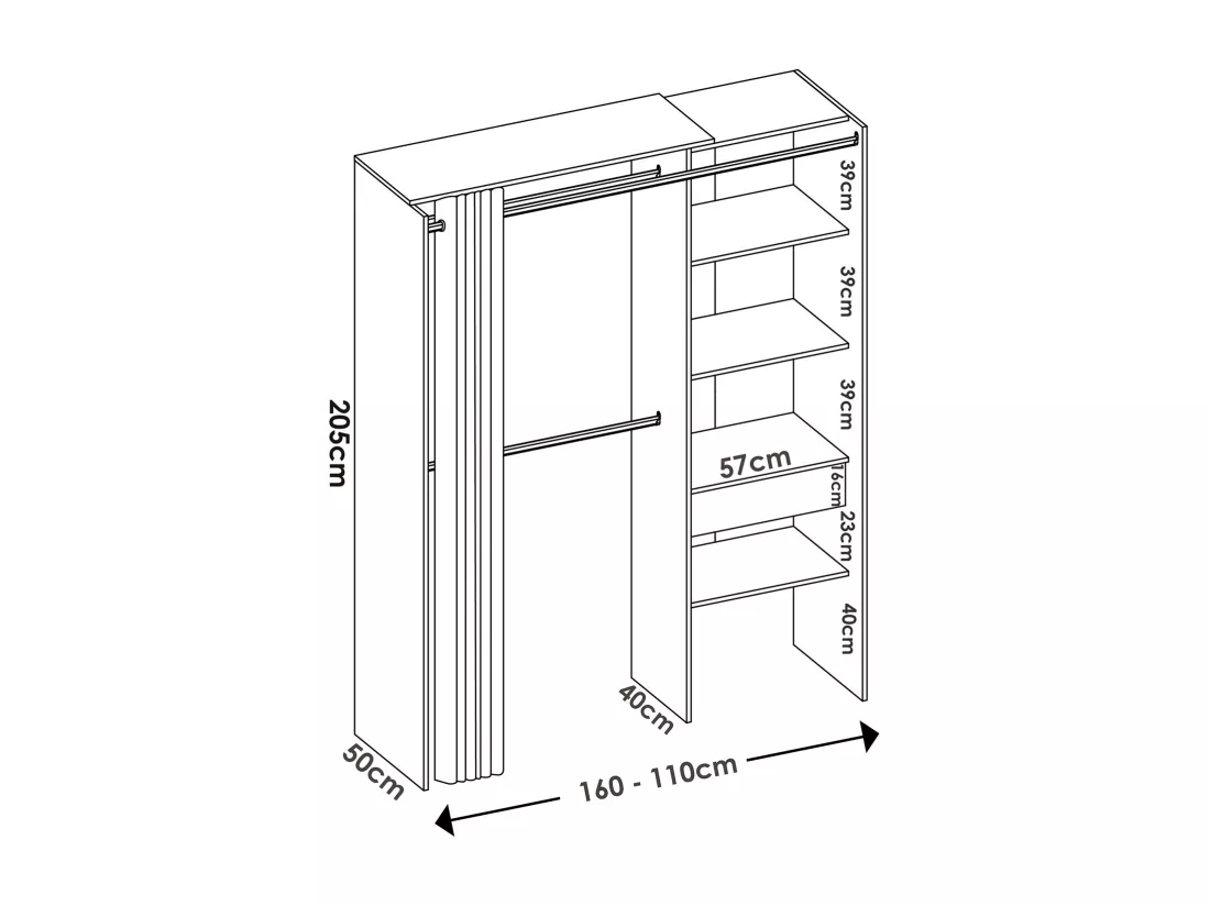 Armoire dressing en bois mélaminé avec penderies, 1 tiroir et 1 rideau coloris chêne naturel, graphite - Longueur 160 x Profondeur 50 x Hauteur 205 cm