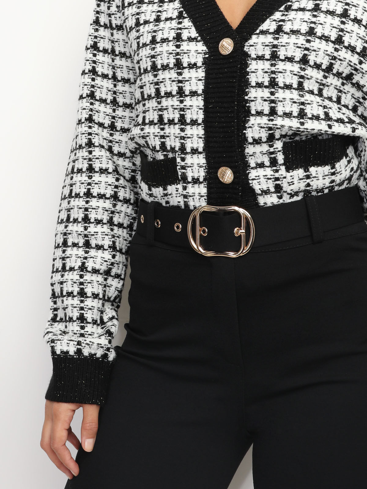 Cardigan en tweed à boutons dorés- Noir et Blanc