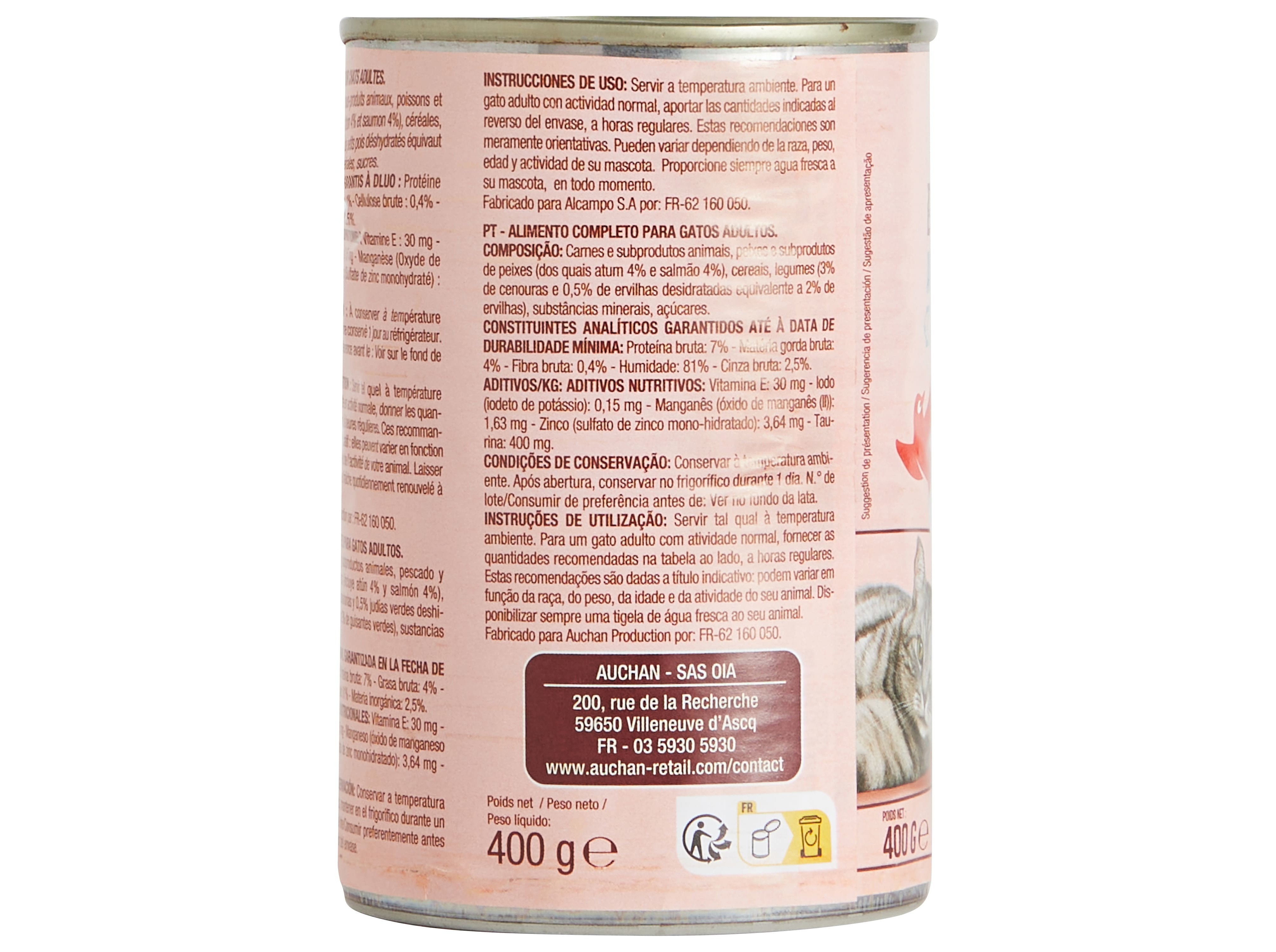 COMIDA HÚMIDA PARA GATO AUCHAN PEDAÇOS EM MOLHO COM ATUM COM SALMÃO E COM LEGUMES 400G