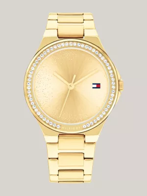 Relógio de pulso com pulseira banhada a ouro e adornada com cristais