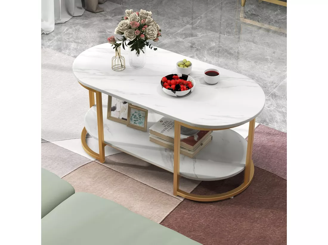 Table Basse Imprimée Marbre 2 Niveaux avec Cadre en Métal Doré, Table de Salon Scandinave avec Coussinets de Pied Réglables, 100 x 50 x 45 cm, Blanc