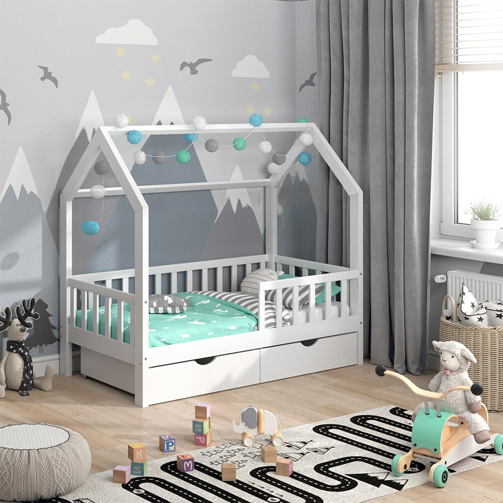 VitaliSpa Kinderbett Hausbett Gästebett Wiki Weiß 80x160cm Schublade Lattenrost