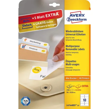 Avery Zweckform L4744REV-25 Universal-Etiketten,A4 96 x 50,8 mm, 30 Bogen/300 Etiketten, weiß
