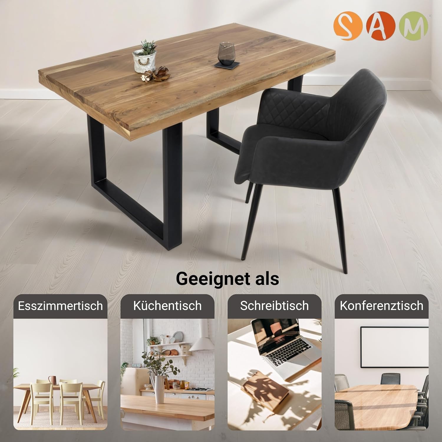 SAM Esstisch 120 x 80 cm Rio, Esszimmertisch naturfarben, Akazienholz massiv, U-Gestell aus Metall Schwarz, gerade Kanten