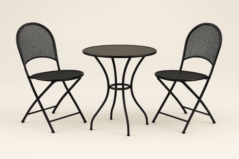 Rundes Stahl-Café-Set 3-teilig Schwarz, Tisch ø 60 cm, Klappstühle