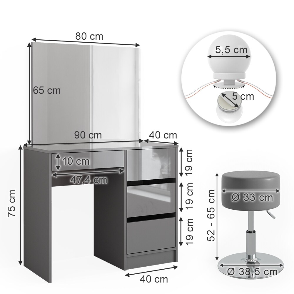 Vicco Schminktisch Sherry Grau Hochglanz, 90 x 75 cm, Spiegel, LED & Hocker
