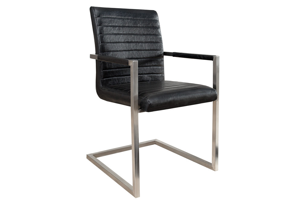 Industrial Freischwinger Stuhl LOFT antik schwarz Kunstleder mit Armlehne Edelstahl