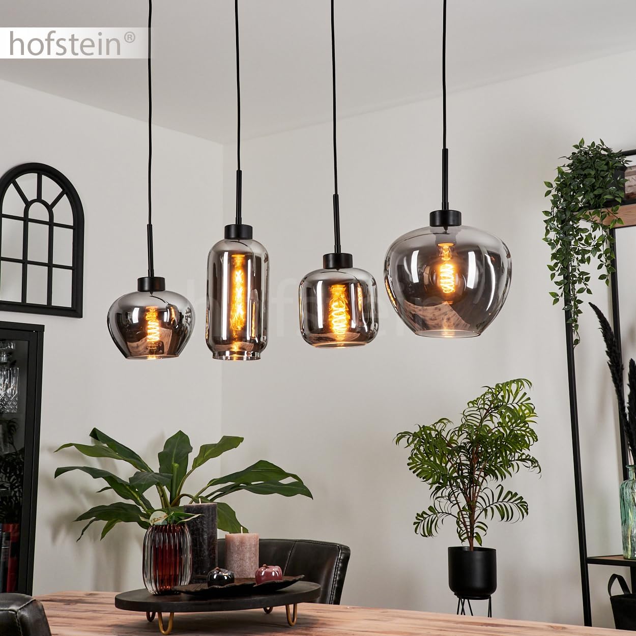Hängeleuchte Talok, Hängelampe aus Metall/Glas in Schwarz/Rauchfarben, Leuchte im Vintage/Retro Design mit Schirmen aus Glas, 4-flammig, Höhe max. 120 cm, 4 x E27, ohne Leuchtmittel