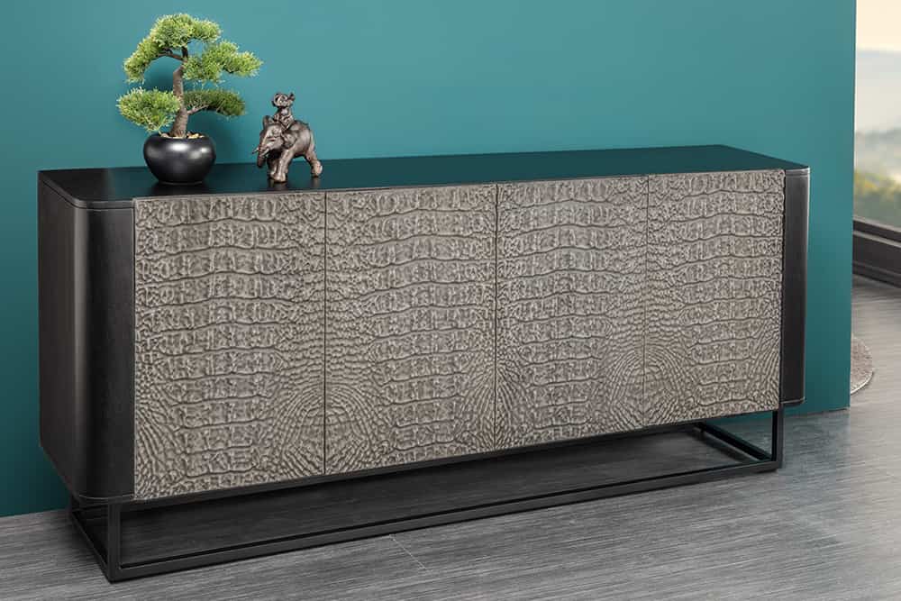 Handgefertigtes Sideboard CROCO 180cm grau schwarz Mangoholz mit 3D Schnitzereien massiv Metall