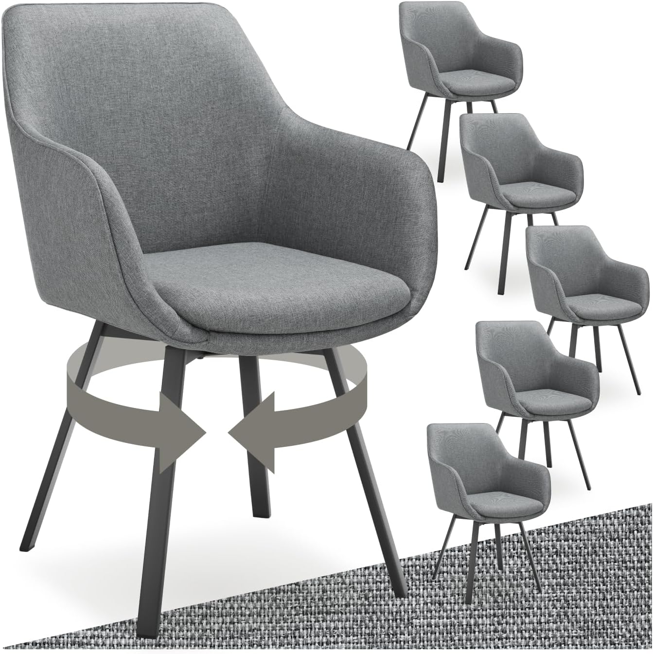 tectake® 6er Set Stuhl drehbar, Esszimmerstühle mit Armlehne, Küchenstühle, Stühle Esszimmer, Drehstühle für Dining Lounge, Esstisch, Schminktisch, Armlehnstuhl, Esszimmermöbel - anthrazit