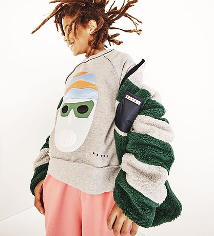 Marni Fleecejacke Mit Futter - Grau Meliert/Grün Gestreift m. Na