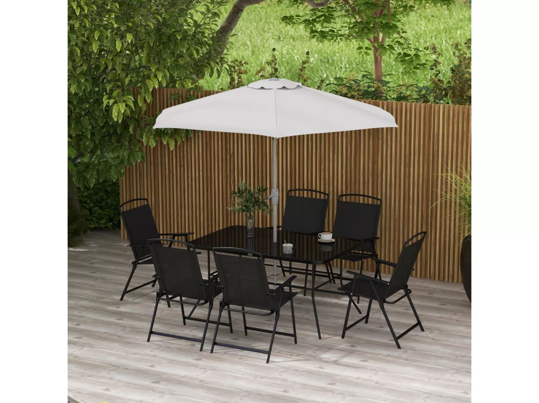 Ensemble salon de jardin 6 places 8 pièces - parasol, table, 6 chaises pliantes - métal époxy textilène polyester noir gris