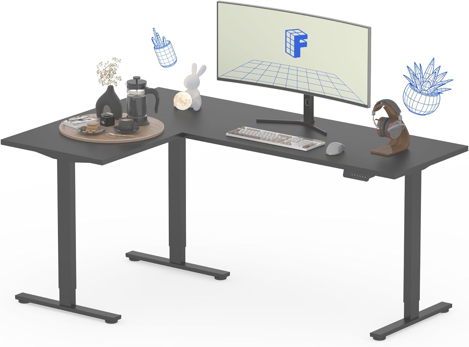 FLEXISPOT 180 * 120cm Höhenverstellbarer Schreibtisch Elektrisch, mit 4 Speicher-Tasten，L-förmiger Eckschreibtisch mit 3 Beinen, Verstellbarer Schreibtisch (Schwarz)