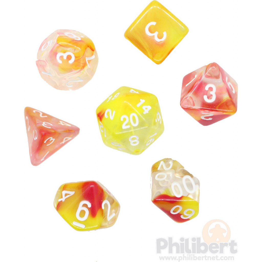 Set de dés JDR - Transparent Orange/Jaune et Blanc