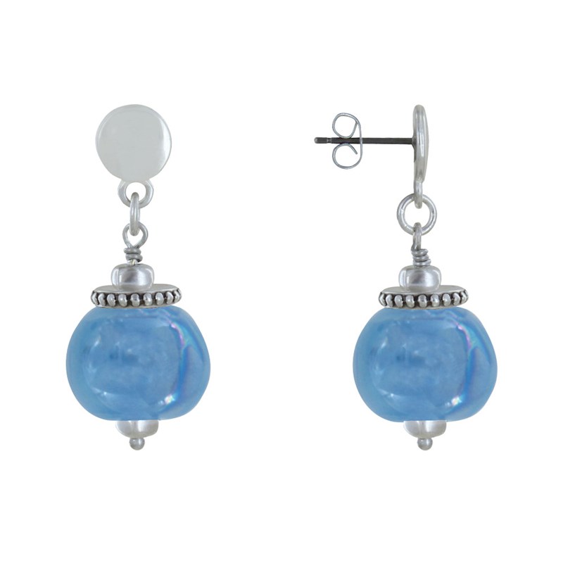 Boucles d'Oreilles Clous Métal Argenté et Grosses Perles en Céramique