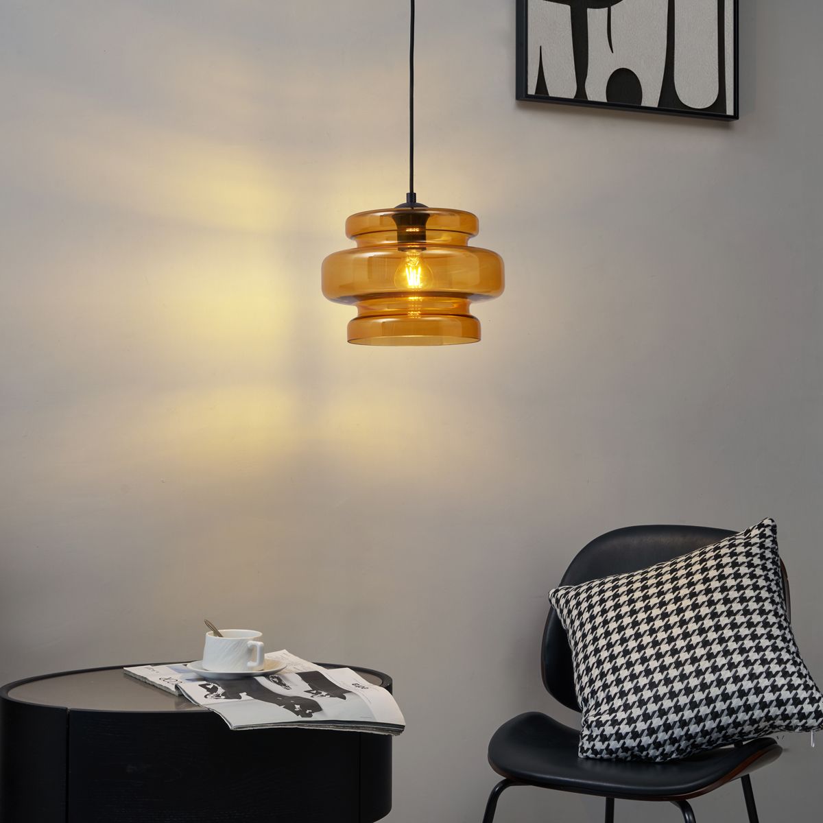 Retro hanglamp zwart met oranje glas - Denise