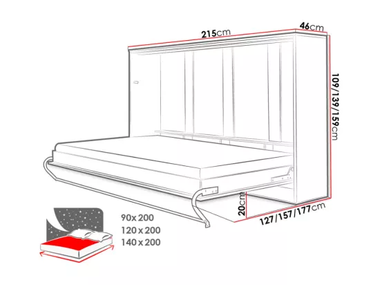 Lit escamotable Concept Pro Lenart Levfere 165, Unique, Blanc, 90x200, Stratifié, 127cm