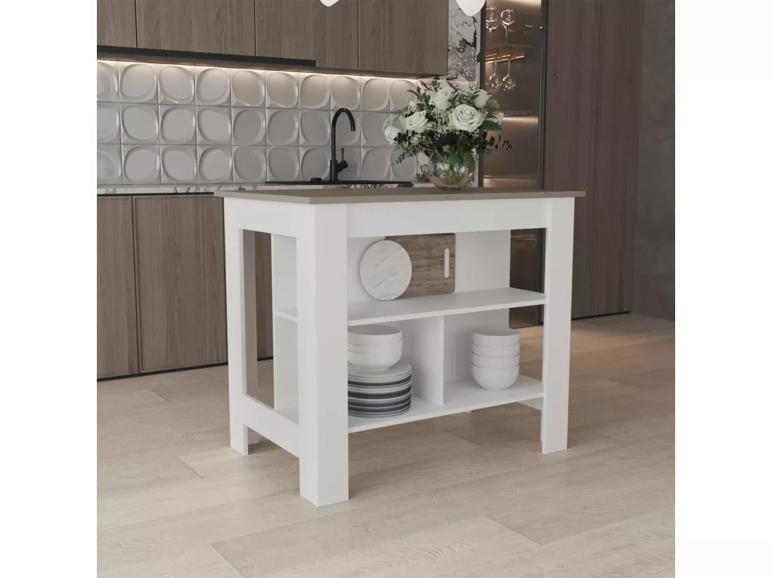 Ilot de cuisine Cala en mélaminé avec 3 étagères , Taupe / Blanc , 90 cm X 103 cm X 70 cm