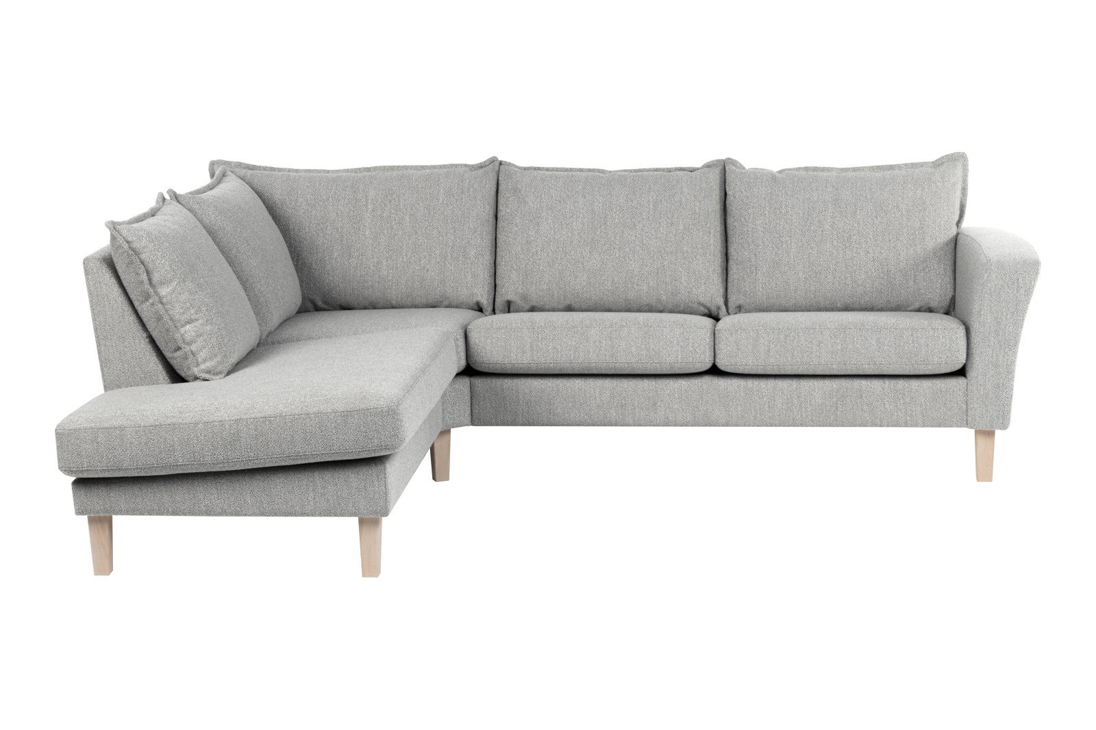Slogen hjørnesofa Oppsett AV. 2,5-seter med åpen ende venstre. Tekstil Viva Silver med soft ryggpute. Vange A og hvitpigmentert ben 178.