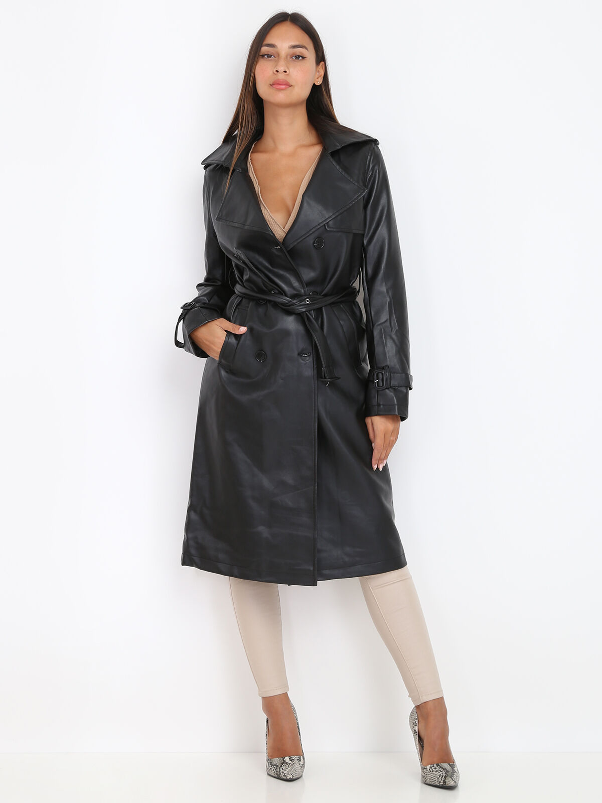 Trench en simili avec ceinture- Noir