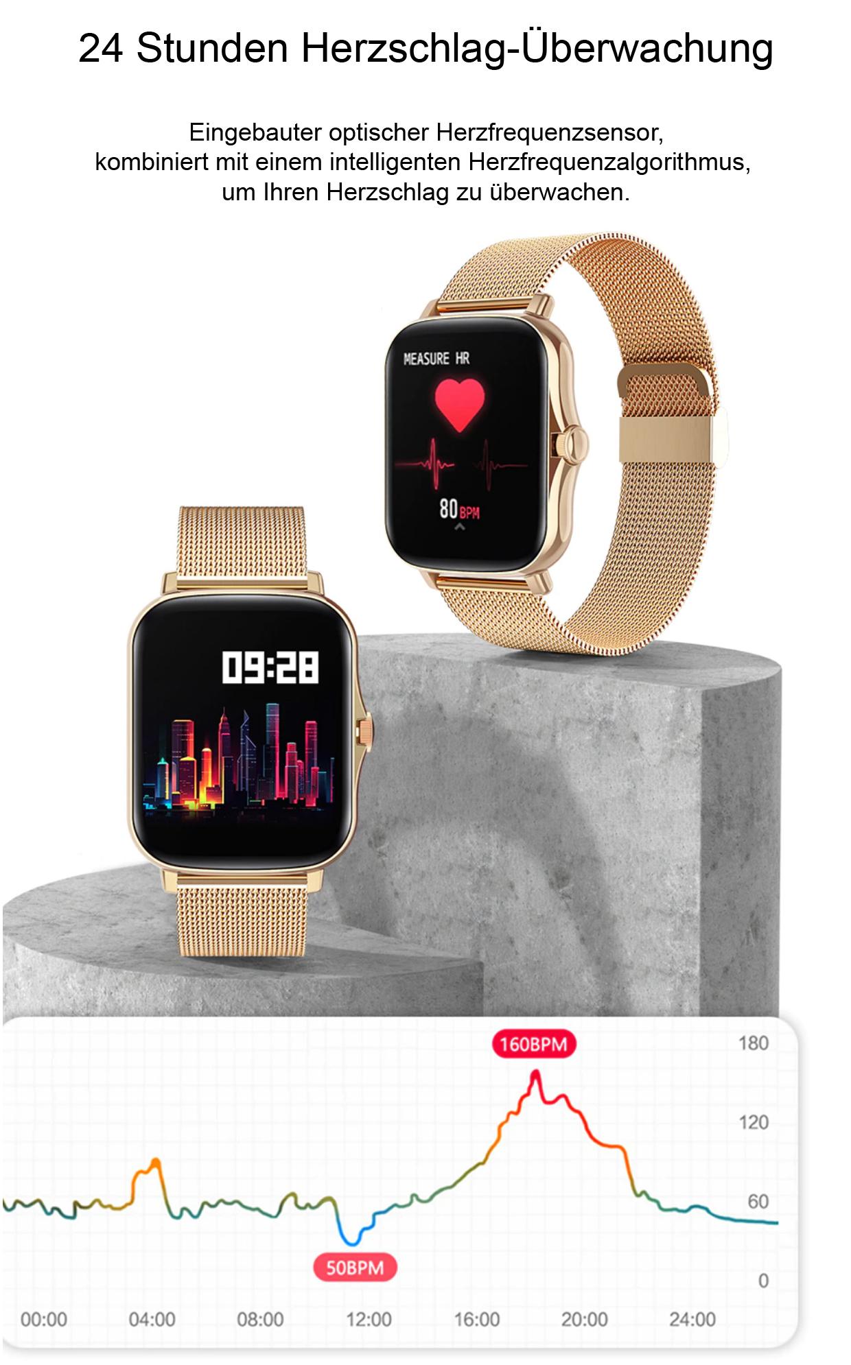 TPFNet Smart Watch / Fitness Tracker IP67 - Milanaise Armband + Silikon Armband - Android & IOS - Silber
