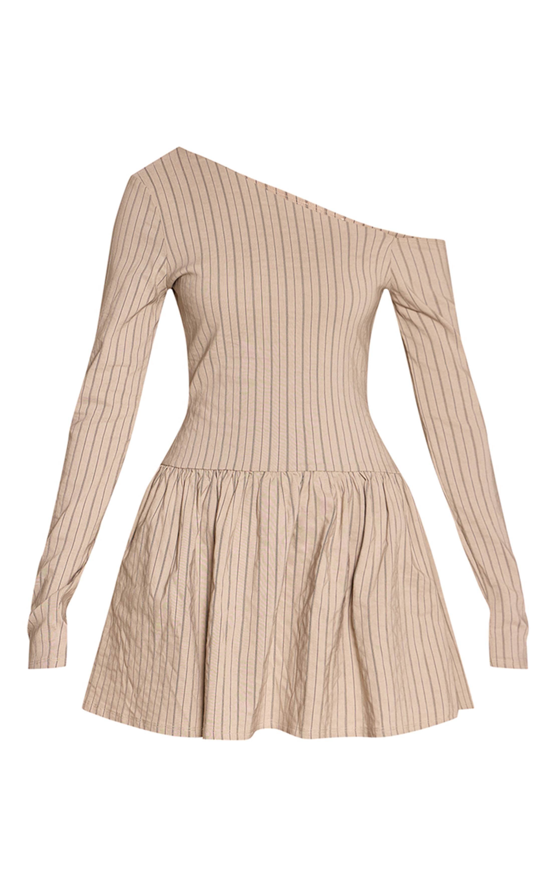 Gris Pierre Robe Droite Asymétrique À Manches Longues À Fines Rayures