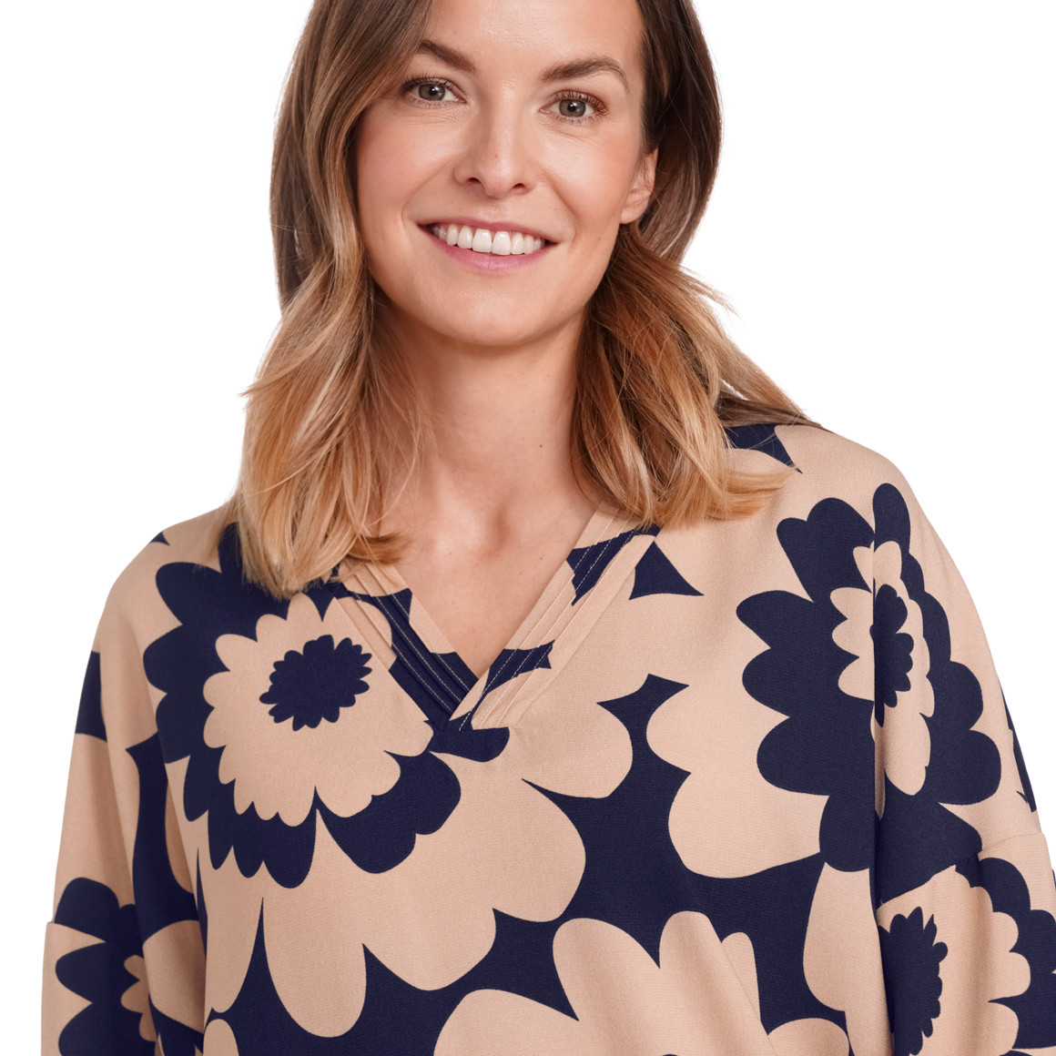 Gina Benotti Damen Bluse mit elastischem Saum beige / dunkelblau