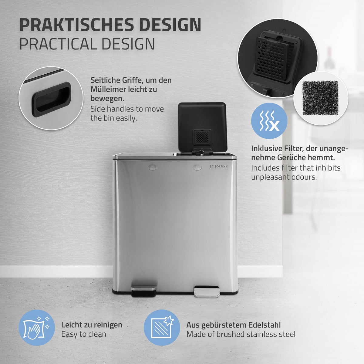 ML-Design Keuken Prullenbak 2x30L (60L), Zilver, 2-compartimenten afvalscheidingssysteem, Pedaalemmer voor afvalscheiding, RVS-bak, Uitneembare kunststof binnenemmer, Scharnierend deksel, Soft Close, Luchtdicht