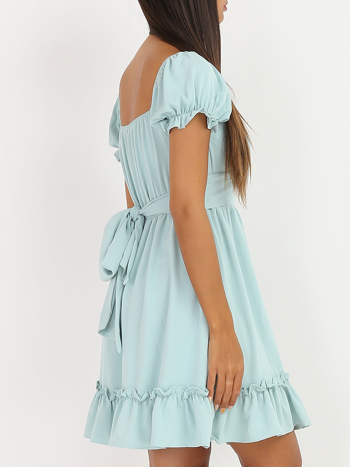 Robe à volants et col bardot- Vert clair
