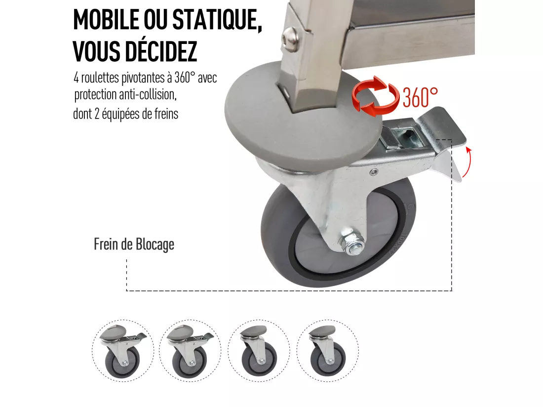HOMCOM Chariot de service desserte de cuisine à roulettes 3 étagères 85L x 45l x 90H cm acier inox. chromé