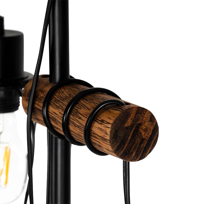 Landelijke vloerlamp zwart met hout 2-lichts - Stronk