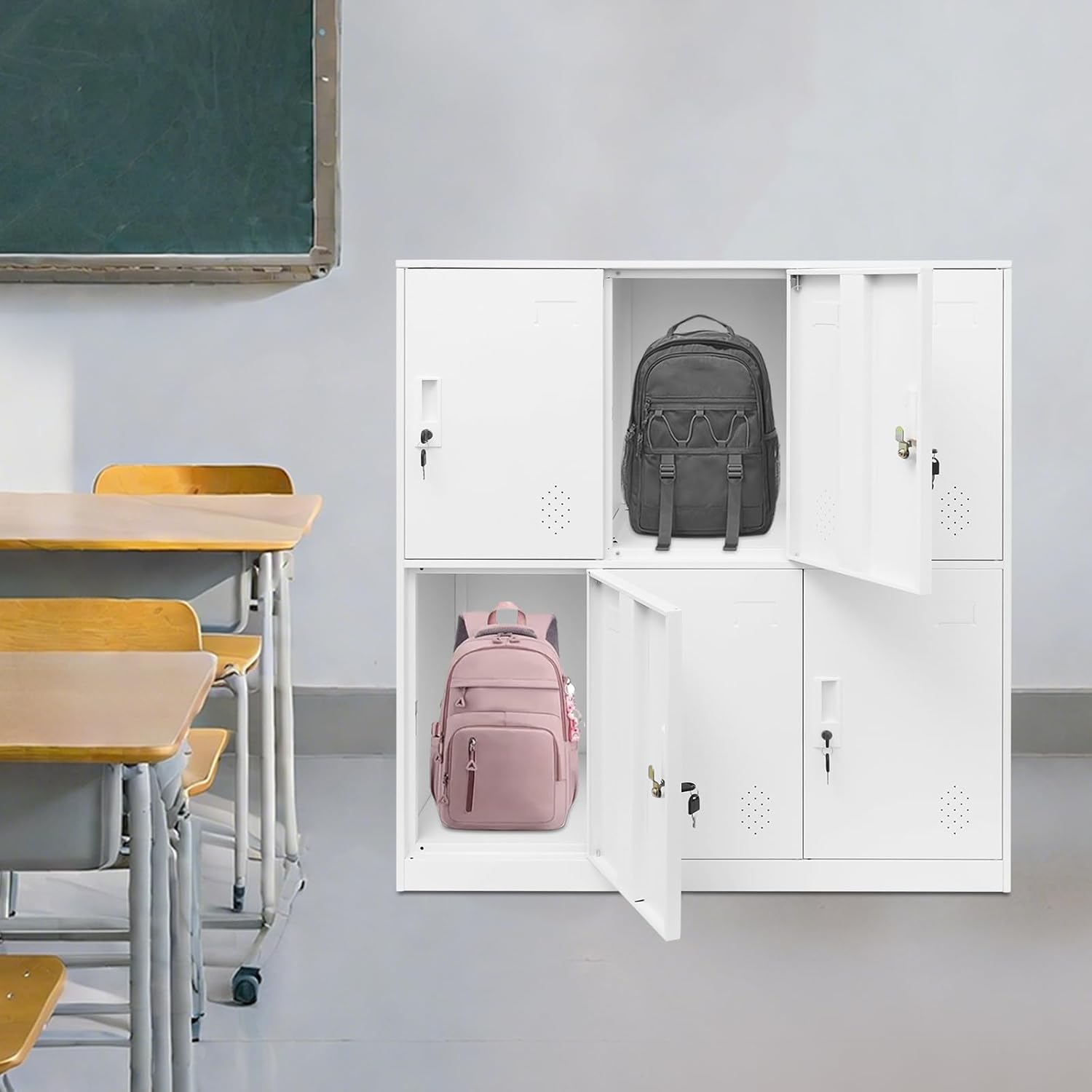 Kleiner Schließfachschrank, 9/6-türiger Spind Kleiner Metallschrank, Abschließbarer Büroschrank, Fächerschrank für Wohnzimmer, Arbeitszimmer, Büro (Weiß, 6 Fächer)