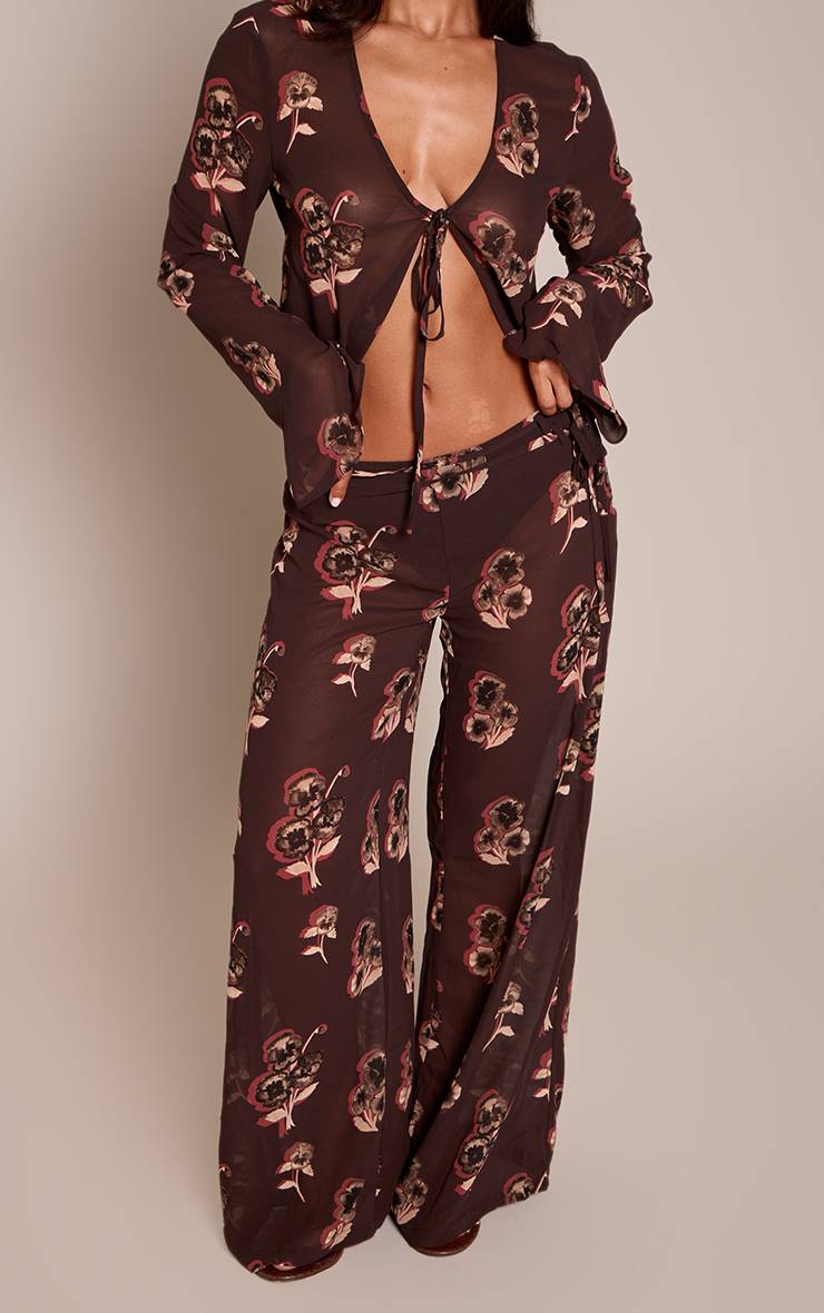 Chocolat Pantalon Large Taille Basse Transparent À Imprimé Floral Petite Taille Avec Haut Assorti