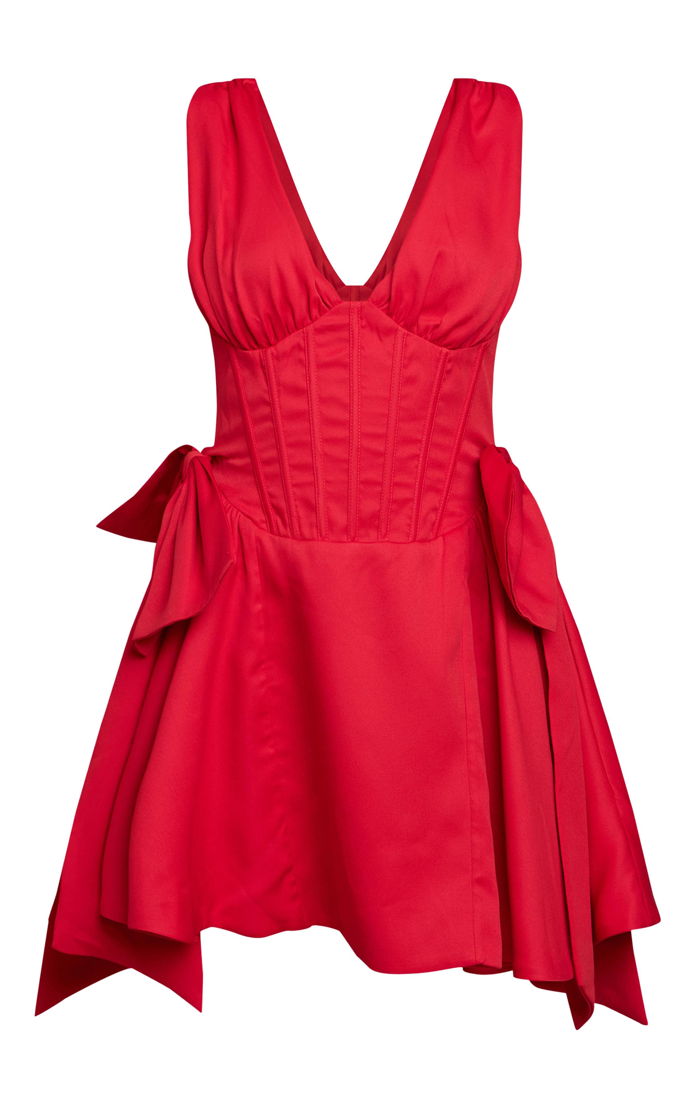 Rouge Robe Droite Tissée À Détail Nœud