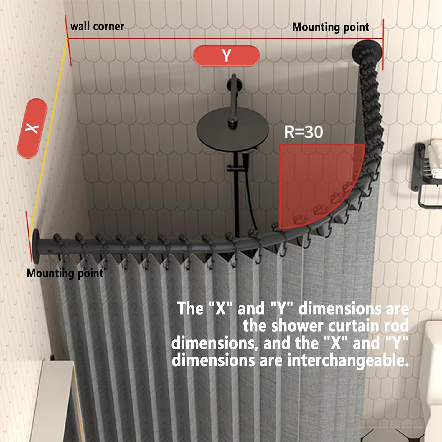 Gebogenes Duschvorhang-Set, magnetisch, faltbar, wasserdicht, Badezimmer-Trennwand mit gebogener Stange und Wasserspeicherstreifen, passend für X70~85cmxY70, ideal für kleine Räume