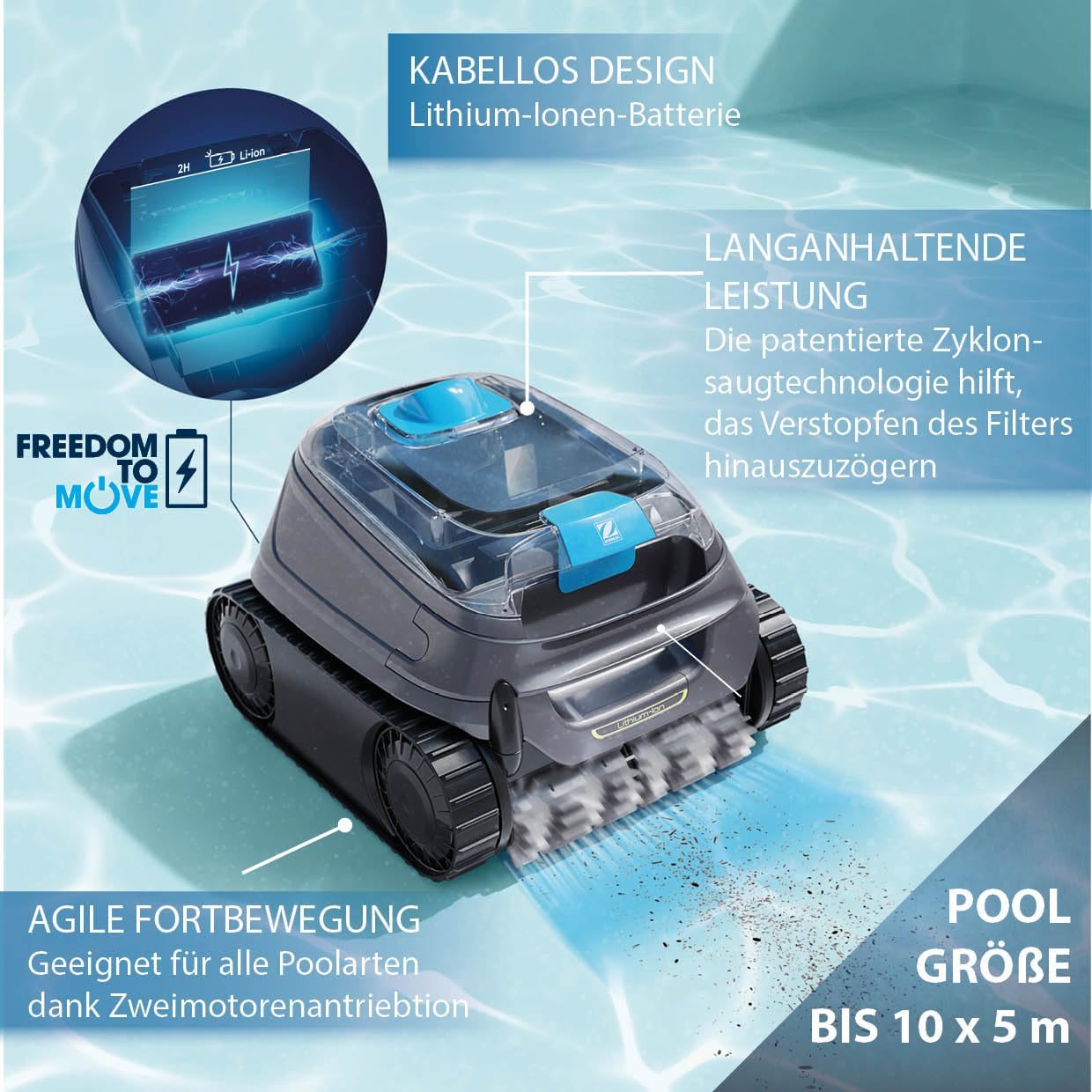 Zodiac Freedom CNX-Li 52 iQ: Kabelloser Poolreiniger bis zu 10x5m, reinigt Boden, Wände und Wasserlinie. Lithium-Akku, Ladestation, Feinfiltration und iAquaLink App-Konnektivität.