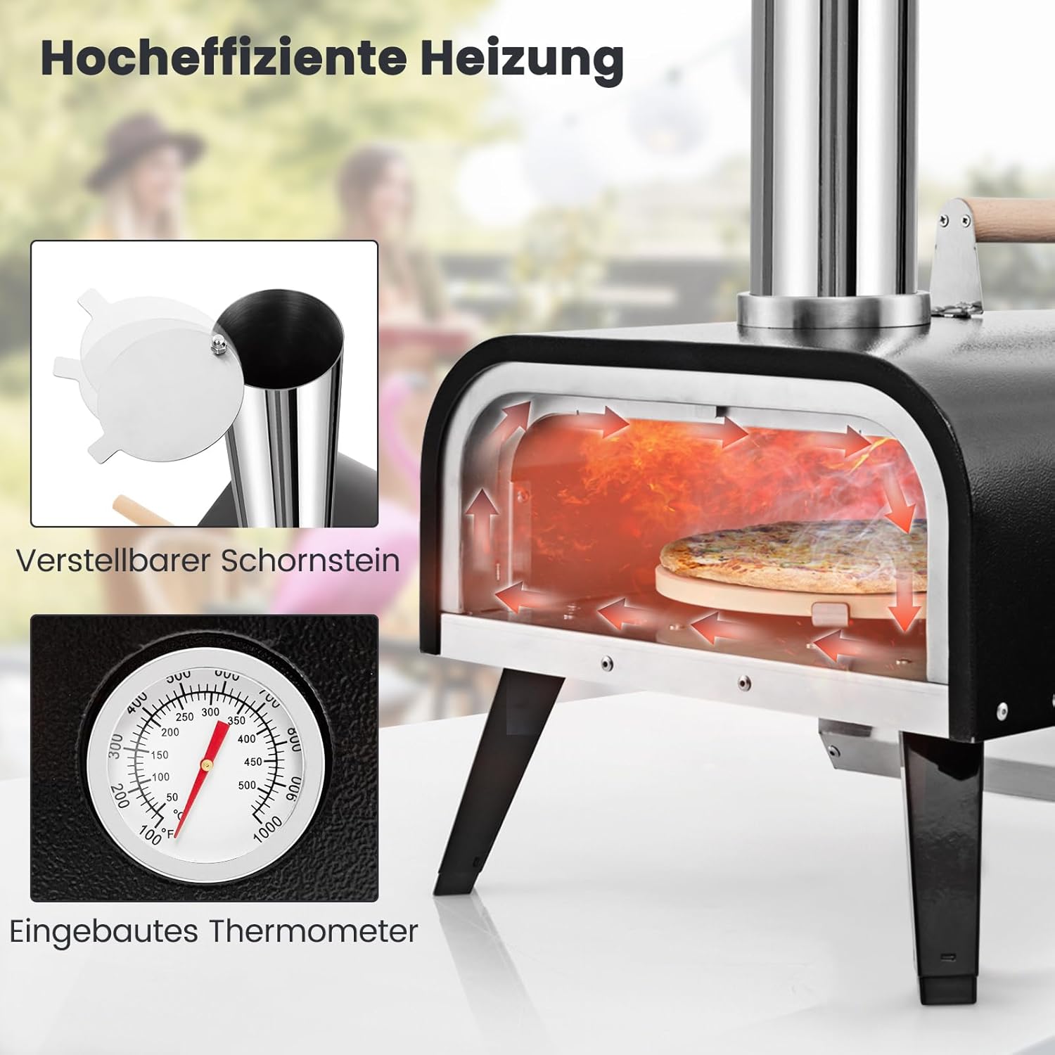 COSTWAY Outdoor Pizzaofen, tragbarer Pizza Ofen aus Edelstahl mit Pizzastein, Pizzaschaufel, Thermometer, klappbaren Beinen & Tragetasche, für Picknick, Party, Camping