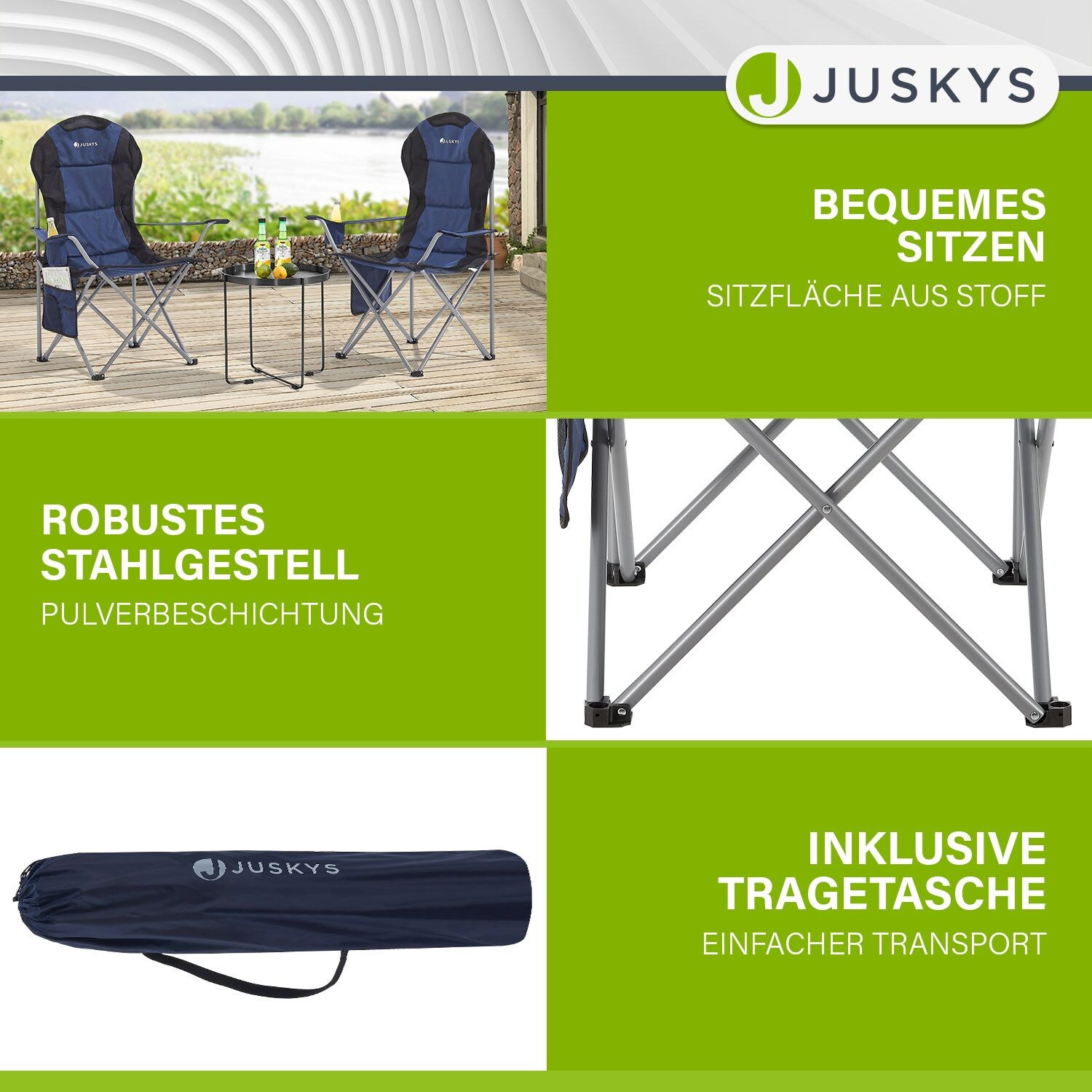 Juskys Campingstuhl Lido mit Getränkehalter & Tasche - Camping Klappstuhl gepolstert - Stuhl Blau