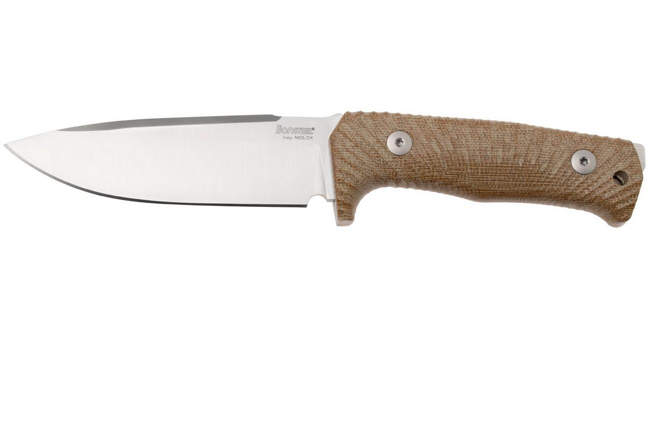 LionSteel T5-CVN Satin Niolox, Natural Canvas Micarta, vaststaand mes