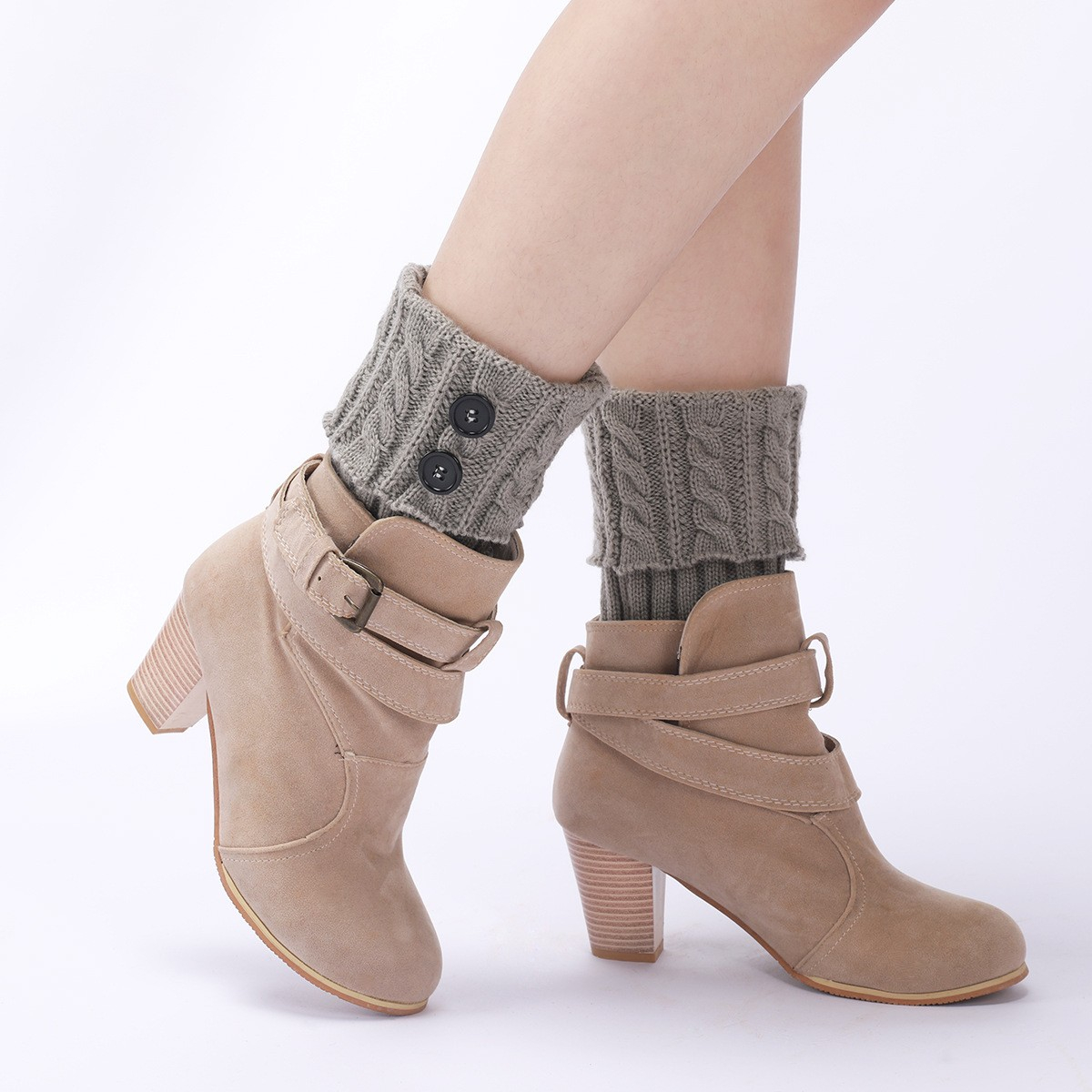(1 Paar) 17cm Kurze Damen Beinstulpen Stiefel Accessoire Strick Beinwärmer (One Size) - Grau