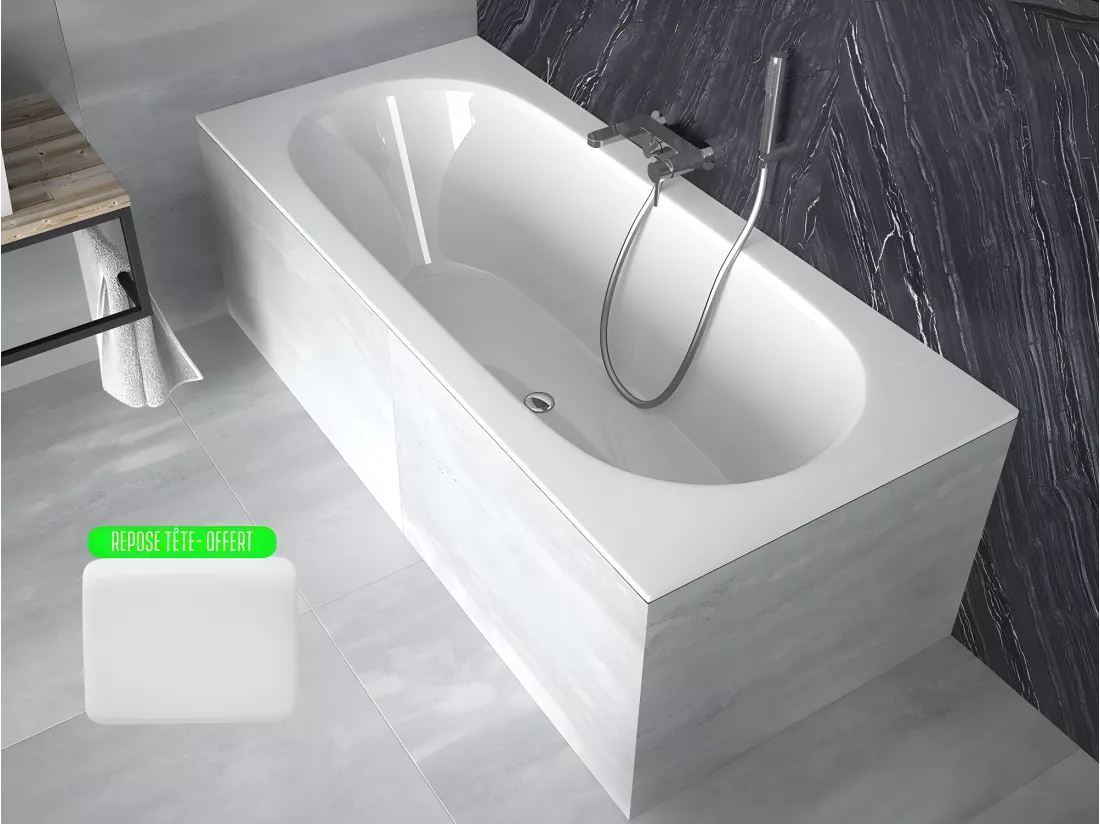 Baignoire rectangulaire blanche à encastrer + repose tête - 170 x 75 cm - VITAE SLIM