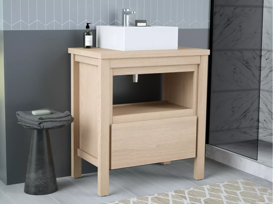 Meuble de salle de bain avec vasque à poser - Placage chêne - 80 cm - COSMOTI